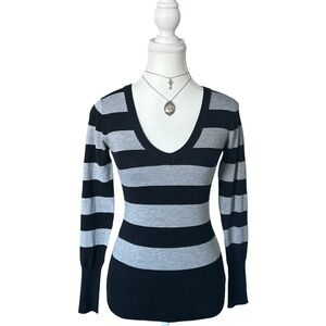 Y2K “SWS” Black and Grey Stripe Knit V-Neck Long Sleeve Top